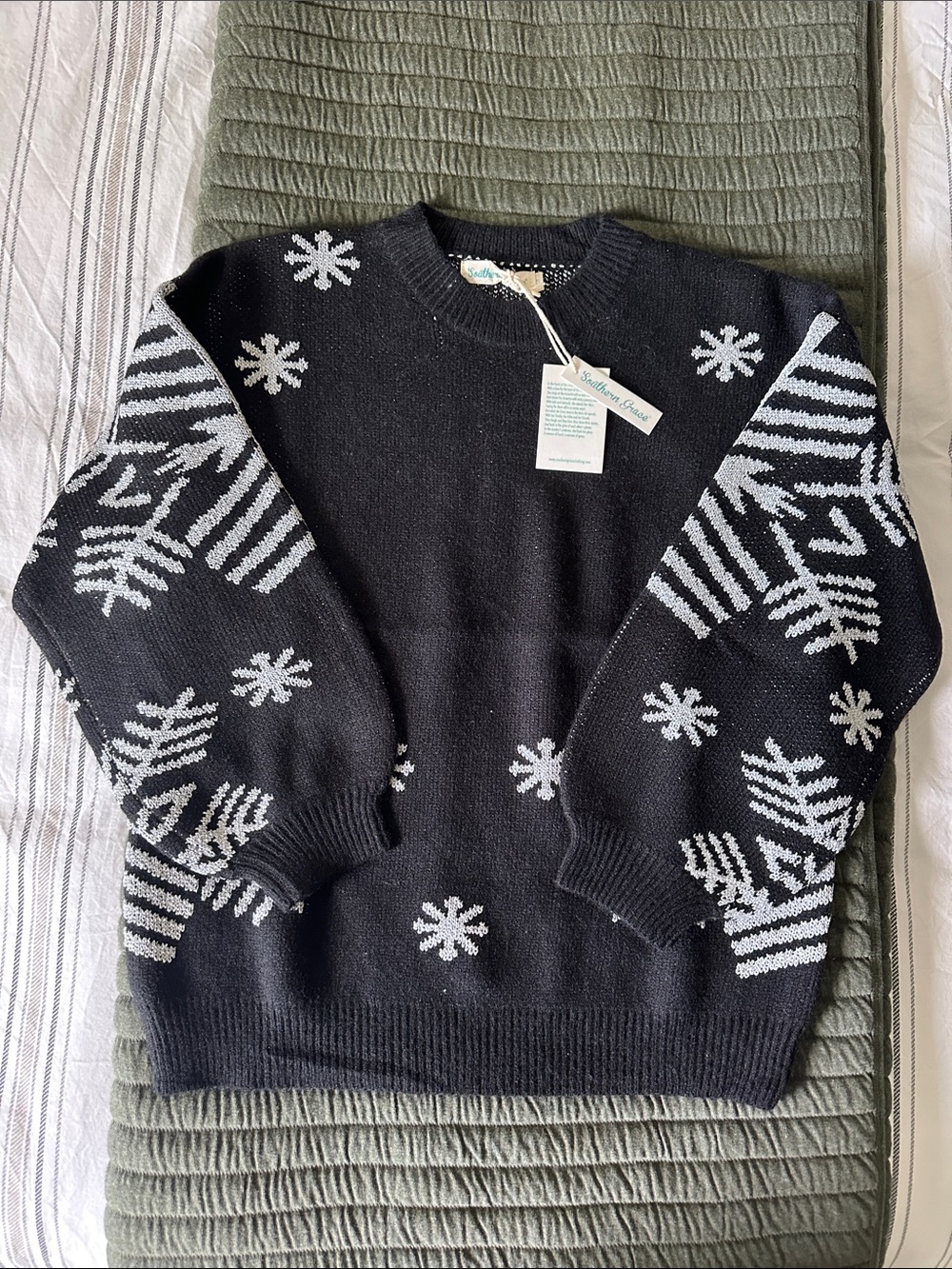 Southern Grace Black Crewneck Sweater with White Snowflake Motif